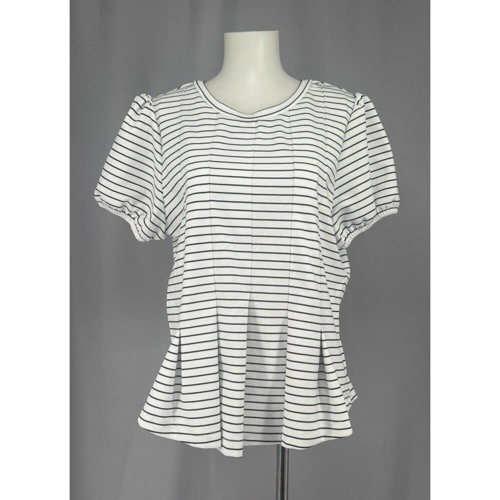 Maeve Shirt Womens Large White Striped Puff Sleeve Ruffle Hem Peplum Top Boho